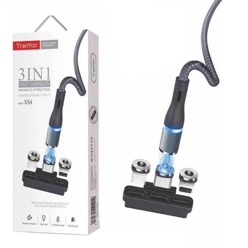 Tranyoo XS4 3in1 Lightning/USb Type C / Micro USB Magnetic Charging Rotating Braided Cable Cord With Led Light for All Smartphones, iPhone /Android Tranyoo XS4 3in1 Lightning/USb Type C / Micro USB Magnetic Charging Rotating Braided Cable Cord With Led Light for All Smartphones, iPhone /Android